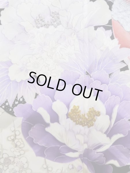 Photo9: L0727R Used Japanese women Pale Red FURISODE long-sleeved / Silk. Peony, Birds, wave, pods, dapple pattern, Abstract pattern  (Grade B) (9)