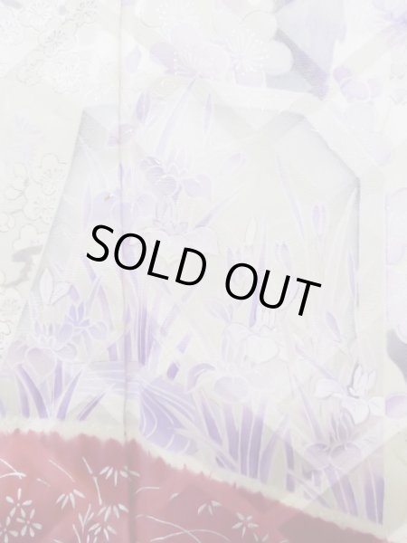 Photo13: L0727R Used Japanese women Pale Red FURISODE long-sleeved / Silk. Peony, Birds, wave, pods, dapple pattern, Abstract pattern  (Grade B) (13)