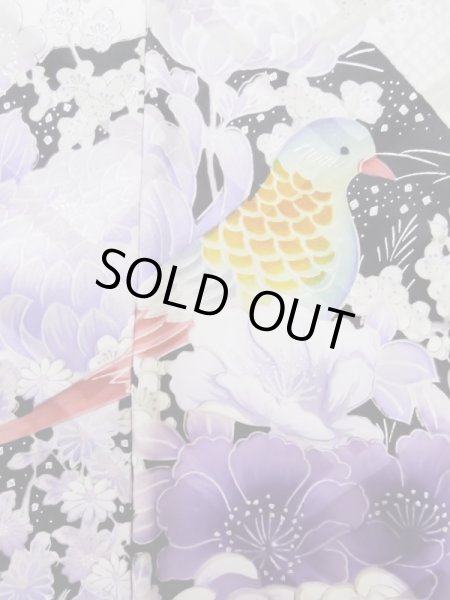 Photo14: L0727R Used Japanese women Pale Red FURISODE long-sleeved / Silk. Peony, Birds, wave, pods, dapple pattern, Abstract pattern  (Grade B) (14)