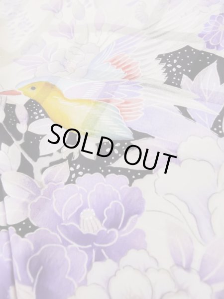 Photo17: L0727R Used Japanese women Pale Red FURISODE long-sleeved / Silk. Peony, Birds, wave, pods, dapple pattern, Abstract pattern  (Grade B) (17)