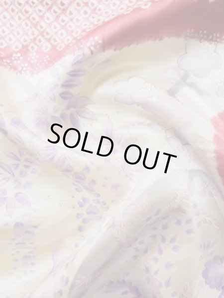 Photo21: L0727R Used Japanese women Pale Red FURISODE long-sleeved / Silk. Peony, Birds, wave, pods, dapple pattern, Abstract pattern  (Grade B) (21)