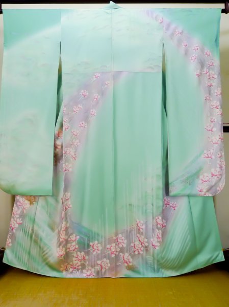 Photo1: L0727T Used Japanese womenPale Light Teal FURISODE long-sleeved / Silk. Peony,   (Grade D) (1)