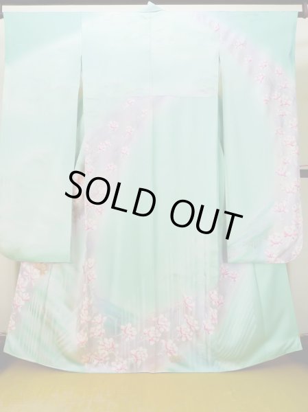 Photo1: L0727T Used Japanese womenPale Light Teal FURISODE long-sleeved / Silk. Peony,   (Grade D) (1)