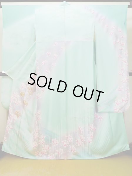 Photo2: L0727T Used Japanese womenPale Light Teal FURISODE long-sleeved / Silk. Peony,   (Grade D) (2)