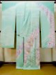 Photo3: L0727T Used Japanese womenPale Light Teal FURISODE long-sleeved / Silk. Peony,   (Grade D) (3)