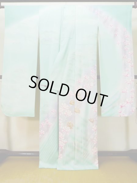 Photo3: L0727T Used Japanese womenPale Light Teal FURISODE long-sleeved / Silk. Peony,   (Grade D) (3)