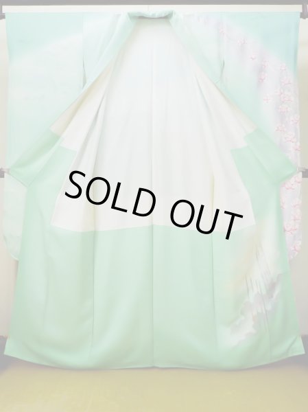 Photo4: L0727T Used Japanese womenPale Light Teal FURISODE long-sleeved / Silk. Peony,   (Grade D) (4)