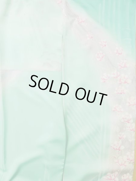 Photo6: L0727T Used Japanese womenPale Light Teal FURISODE long-sleeved / Silk. Peony,   (Grade D) (6)