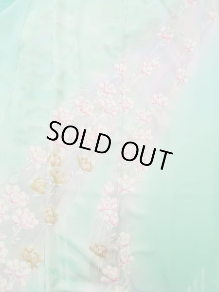 Photo7: L0727T Used Japanese womenPale Light Teal FURISODE long-sleeved / Silk. Peony,   (Grade D) (7)