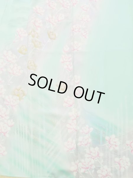 Photo8: L0727T Used Japanese womenPale Light Teal FURISODE long-sleeved / Silk. Peony,   (Grade D) (8)