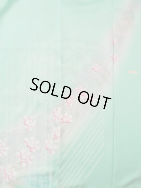 Photo9: L0727T Used Japanese womenPale Light Teal FURISODE long-sleeved / Silk. Peony,   (Grade D) (9)