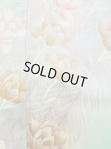 Photo10: L0727T Used Japanese womenPale Light Teal FURISODE long-sleeved / Silk. Peony,   (Grade D) (10)