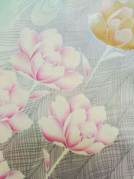 Photo11: L0727T Used Japanese womenPale Light Teal FURISODE long-sleeved / Silk. Peony,   (Grade D) (11)