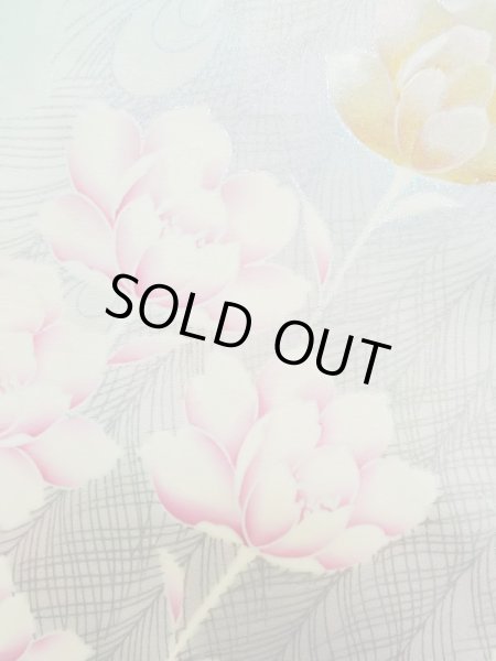 Photo11: L0727T Used Japanese womenPale Light Teal FURISODE long-sleeved / Silk. Peony,   (Grade D) (11)