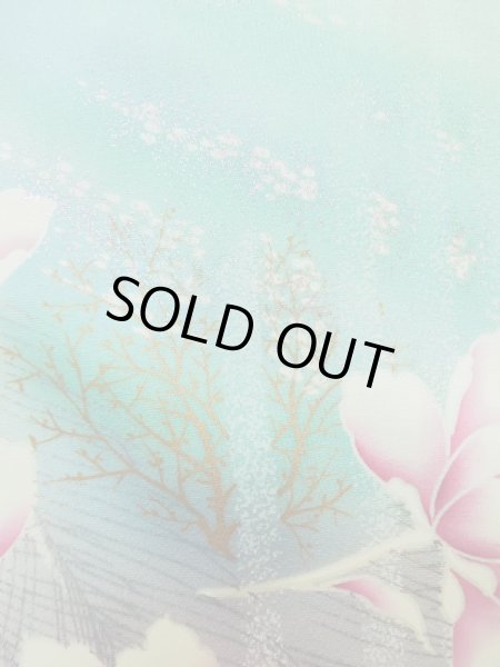 Photo12: L0727T Used Japanese womenPale Light Teal FURISODE long-sleeved / Silk. Peony,   (Grade D) (12)