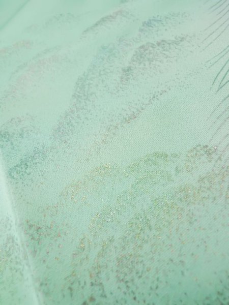 Photo14: L0727T Used Japanese womenPale Light Teal FURISODE long-sleeved / Silk. Peony,   (Grade D) (14)