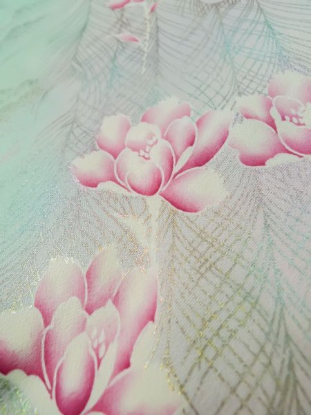 Photo16: L0727T Used Japanese womenPale Light Teal FURISODE long-sleeved / Silk. Peony,   (Grade D) (16)