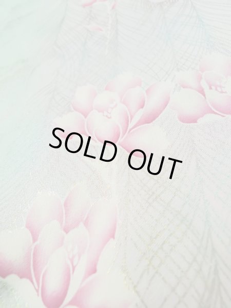 Photo16: L0727T Used Japanese womenPale Light Teal FURISODE long-sleeved / Silk. Peony,   (Grade D) (16)