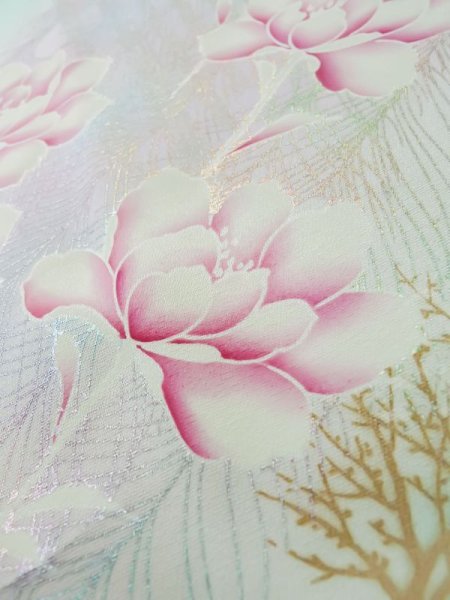 Photo18: L0727T Used Japanese womenPale Light Teal FURISODE long-sleeved / Silk. Peony,   (Grade D) (18)