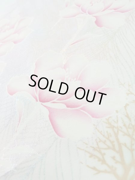 Photo18: L0727T Used Japanese womenPale Light Teal FURISODE long-sleeved / Silk. Peony,   (Grade D) (18)