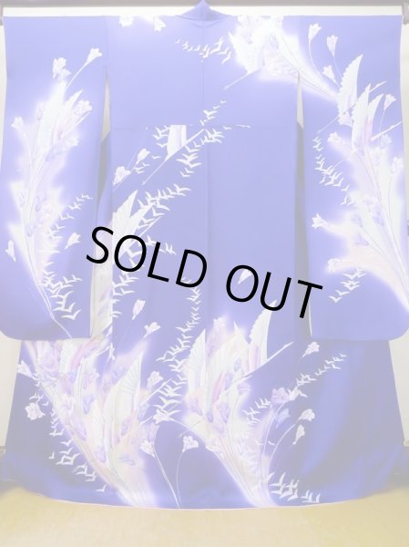 Photo1: L0727U Used Japanese women Vivid Purple FURISODE long-sleeved / Silk. Autumn bellflower,   (Grade B) (1)