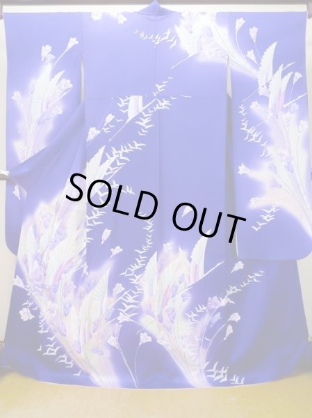 Photo2: L0727U Used Japanese women Vivid Purple FURISODE long-sleeved / Silk. Autumn bellflower,   (Grade B) (2)