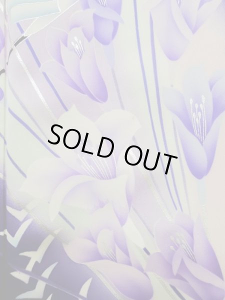 Photo12: L0727U Used Japanese women Vivid Purple FURISODE long-sleeved / Silk. Autumn bellflower,   (Grade B) (12)