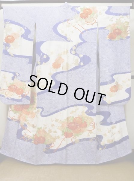 Photo1: L0727W Used Japanese women  White FURISODE long-sleeved / Silk. Chrysanthemum,   (Grade B) (1)