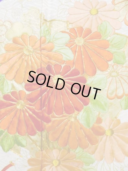 Photo9: L0727W Used Japanese women  White FURISODE long-sleeved / Silk. Chrysanthemum,   (Grade B) (9)