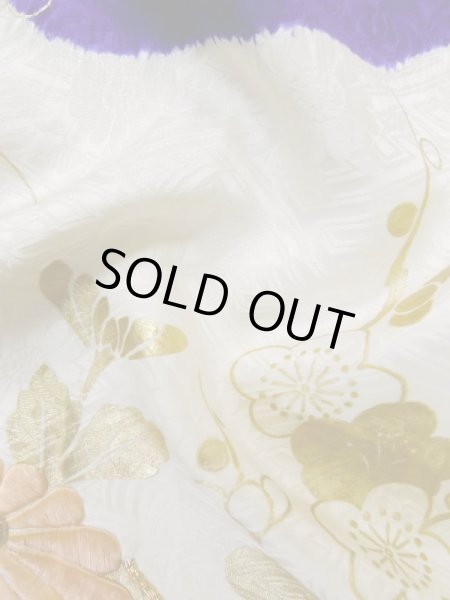 Photo18: L0727W Used Japanese women  White FURISODE long-sleeved / Silk. Chrysanthemum,   (Grade B) (18)