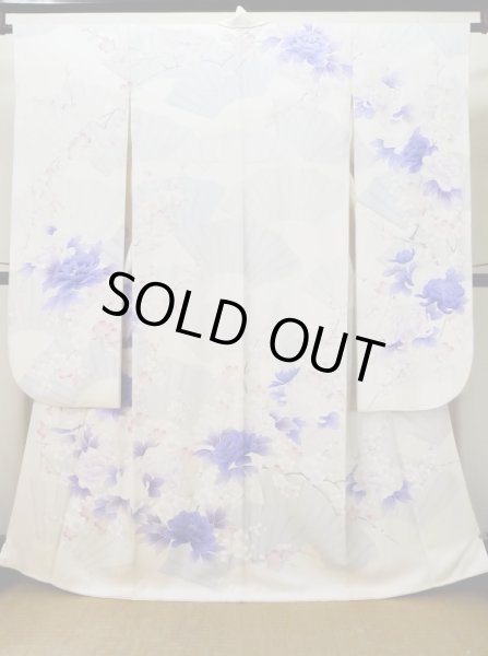 Photo1: L0727X Used Japanese women Light Purple FURISODE long-sleeved / Silk. Peony,   (Grade C) (1)