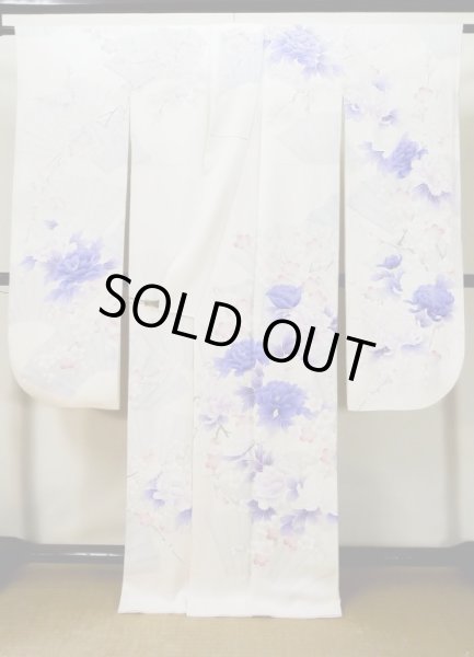 Photo3: L0727X Used Japanese women Light Purple FURISODE long-sleeved / Silk. Peony,   (Grade C) (3)