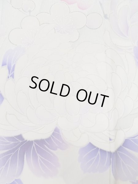 Photo12: L0727X Used Japanese women Light Purple FURISODE long-sleeved / Silk. Peony,   (Grade C) (12)