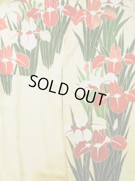 Photo7: L0727Y Used Japanese womenPale Light Yellow FURISODE long-sleeved / Silk. Iris, Rare design  (Grade C) (7)