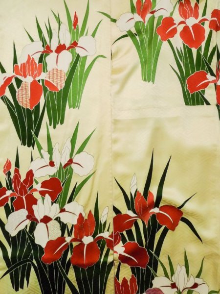 Photo6: L0727Y Used Japanese womenPale Light Yellow FURISODE long-sleeved / Silk. Iris, Rare design  (Grade C) (6)