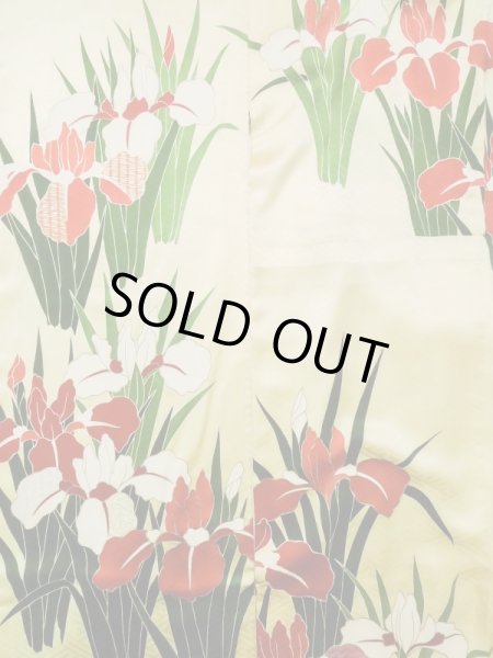 Photo6: L0727Y Used Japanese womenPale Light Yellow FURISODE long-sleeved / Silk. Iris, Rare design  (Grade C) (6)