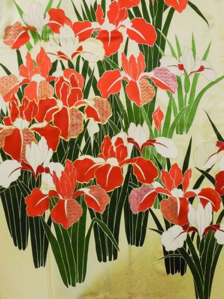 Photo7: L0727Y Used Japanese womenPale Light Yellow FURISODE long-sleeved / Silk. Iris, Rare design  (Grade C) (7)