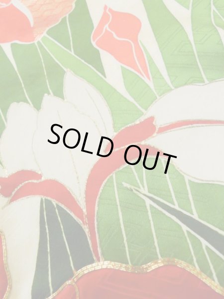 Photo12: L0727Y Used Japanese womenPale Light Yellow FURISODE long-sleeved / Silk. Iris, Rare design  (Grade C) (12)