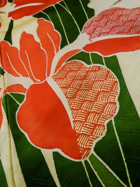 Photo13: L0727Y Used Japanese womenPale Light Yellow FURISODE long-sleeved / Silk. Iris, Rare design  (Grade C) (13)