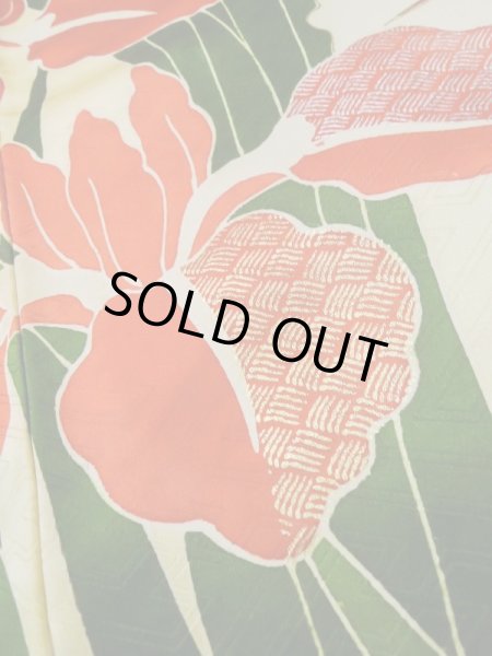Photo13: L0727Y Used Japanese womenPale Light Yellow FURISODE long-sleeved / Silk. Iris, Rare design  (Grade C) (13)