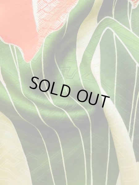 Photo15: L0727Y Used Japanese womenPale Light Yellow FURISODE long-sleeved / Silk. Iris, Rare design  (Grade C) (15)