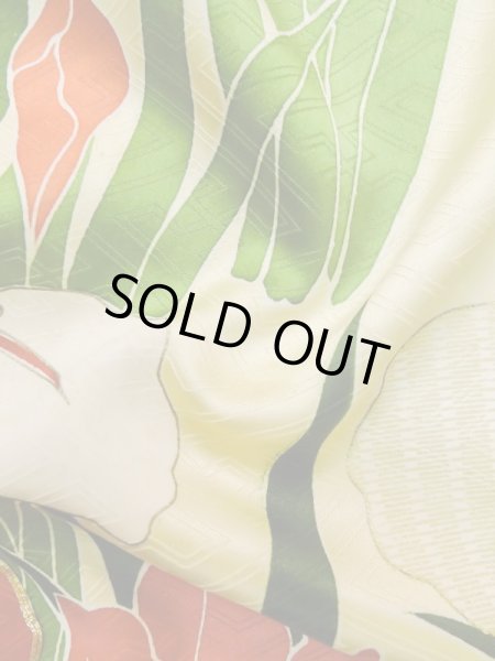 Photo16: L0727Y Used Japanese womenPale Light Yellow FURISODE long-sleeved / Silk. Iris, Rare design  (Grade C) (16)