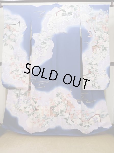 Photo1: L0727Z Used Japanese women Vivid Blue FURISODE long-sleeved / Silk. Peony, Screen, Shell tub pattern  (Grade C) (1)