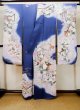 Photo3: L0727Z Used Japanese women Vivid Blue FURISODE long-sleeved / Silk. Peony, Screen, Shell tub pattern  (Grade C) (3)