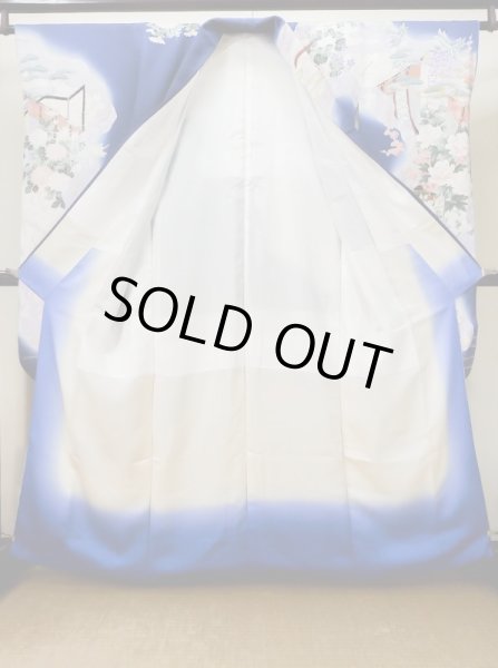 Photo4: L0727Z Used Japanese women Vivid Blue FURISODE long-sleeved / Silk. Peony, Screen, Shell tub pattern  (Grade C) (4)