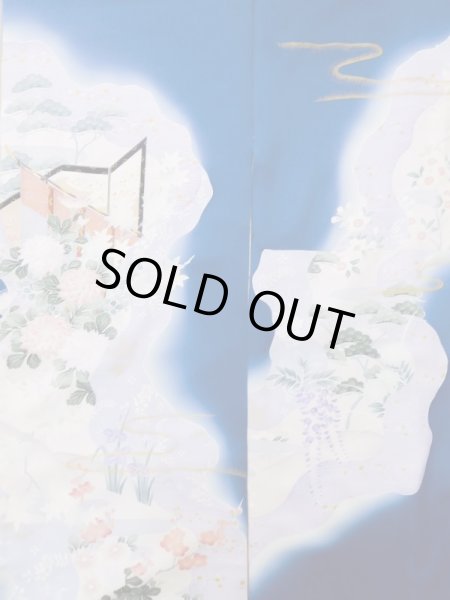 Photo6: L0727Z Used Japanese women Vivid Blue FURISODE long-sleeved / Silk. Peony, Screen, Shell tub pattern  (Grade C) (6)