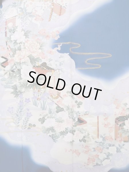 Photo7: L0727Z Used Japanese women Vivid Blue FURISODE long-sleeved / Silk. Peony, Screen, Shell tub pattern  (Grade C) (7)