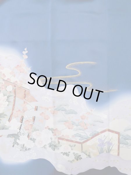 Photo8: L0727Z Used Japanese women Vivid Blue FURISODE long-sleeved / Silk. Peony, Screen, Shell tub pattern  (Grade C) (8)