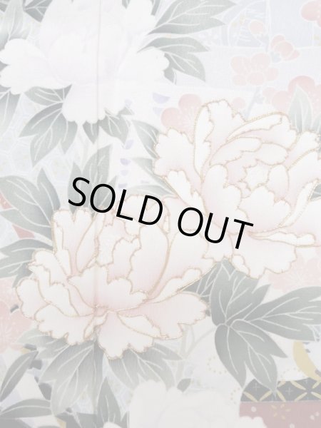 Photo9: L0727Z Used Japanese women Vivid Blue FURISODE long-sleeved / Silk. Peony, Screen, Shell tub pattern  (Grade C) (9)