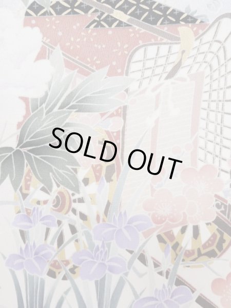 Photo10: L0727Z Used Japanese women Vivid Blue FURISODE long-sleeved / Silk. Peony, Screen, Shell tub pattern  (Grade C) (10)